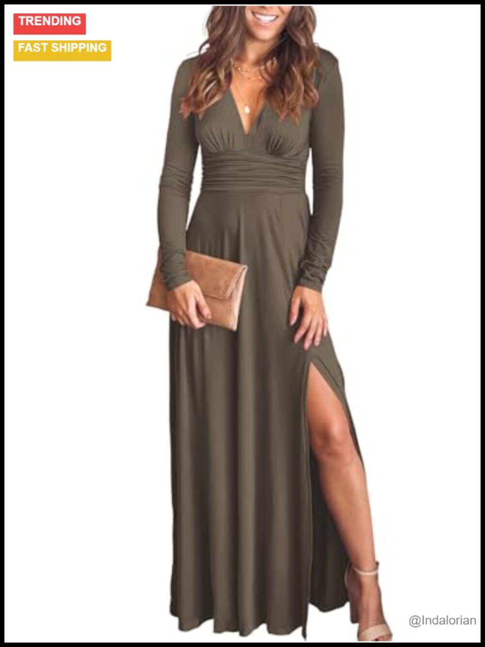 Women's Deep V Neck Long Sleeve Formal Maxi Dress Pleated High Waist
